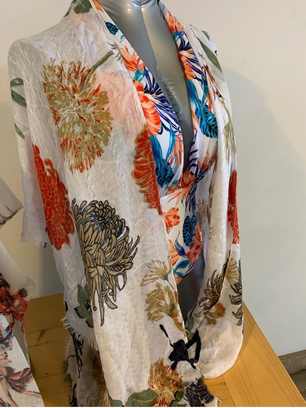 Woven Heart White Kimono with Orange, Green & Gold Floral Print